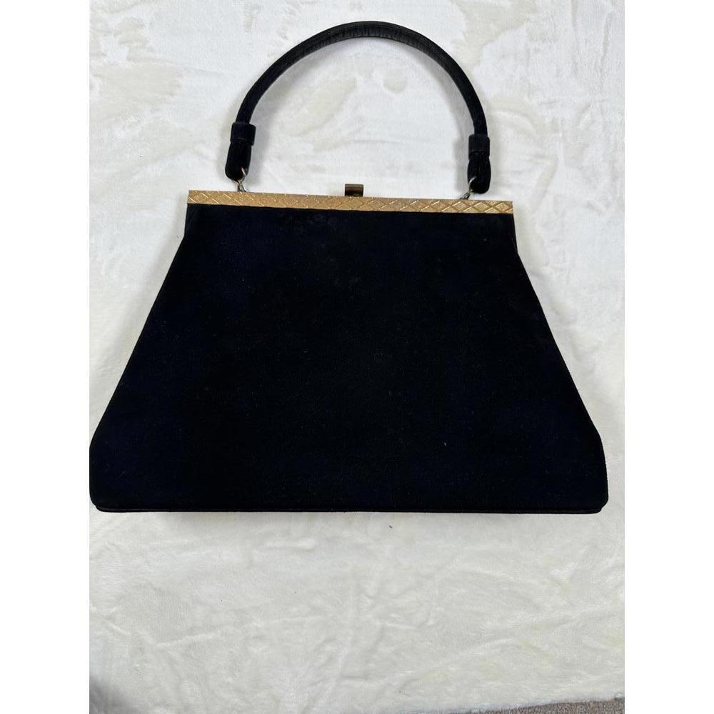 VTG 1950s Joseph Magnin Black Suede Gold Frame Top Handle Purse